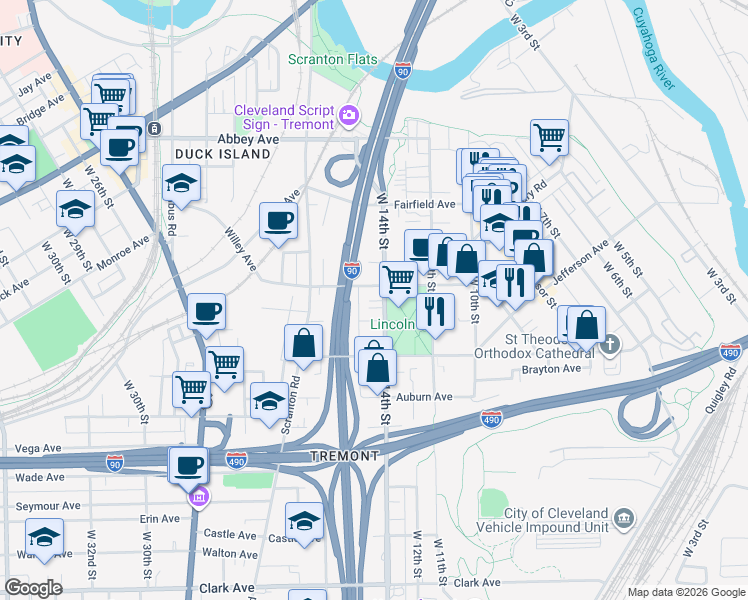 map of restaurants, bars, coffee shops, grocery stores, and more near 2420 West 14th Street in Cleveland