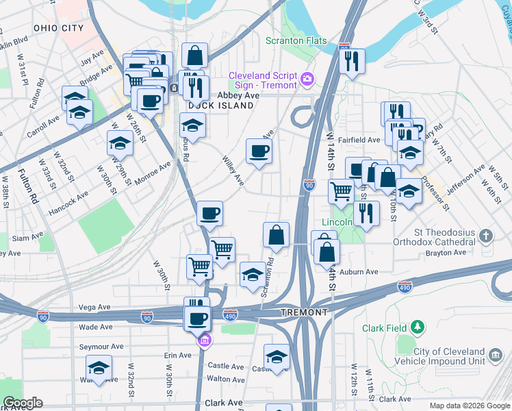 map of restaurants, bars, coffee shops, grocery stores, and more near 1615 Willey Avenue in Cleveland