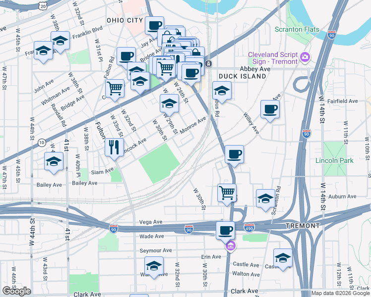 map of restaurants, bars, coffee shops, grocery stores, and more near 2828 York Avenue in Cleveland