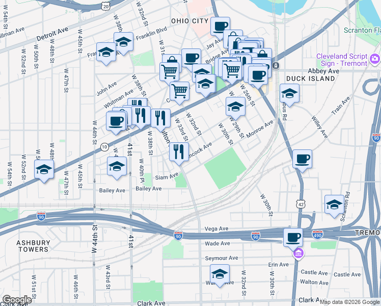 map of restaurants, bars, coffee shops, grocery stores, and more near 2181 West 33rd Street in Cleveland