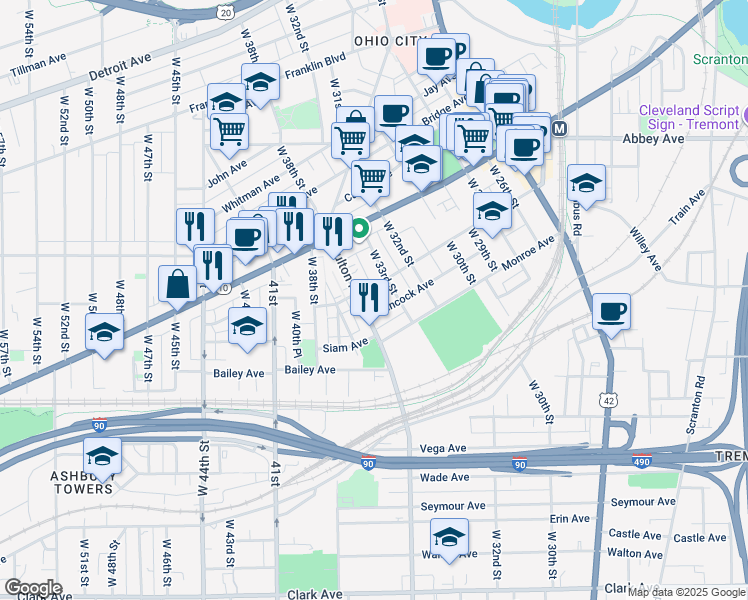 map of restaurants, bars, coffee shops, grocery stores, and more near 3405 Chatham Avenue in Cleveland