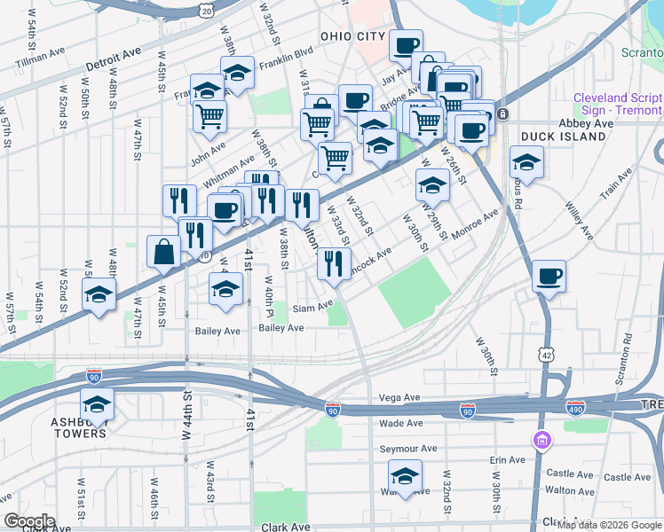 map of restaurants, bars, coffee shops, grocery stores, and more near 3405 Chatham Avenue in Cleveland