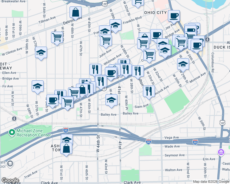 map of restaurants, bars, coffee shops, grocery stores, and more near 2046 West 41st Place in Cleveland