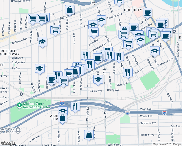 map of restaurants, bars, coffee shops, grocery stores, and more near 4241 Lorain Avenue in Cleveland