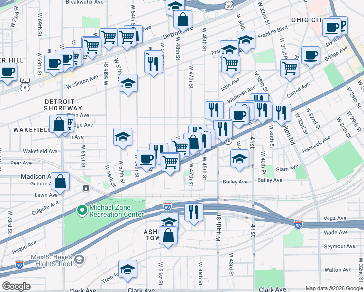 map of restaurants, bars, coffee shops, grocery stores, and more near 1947 West 48th Street in Cleveland