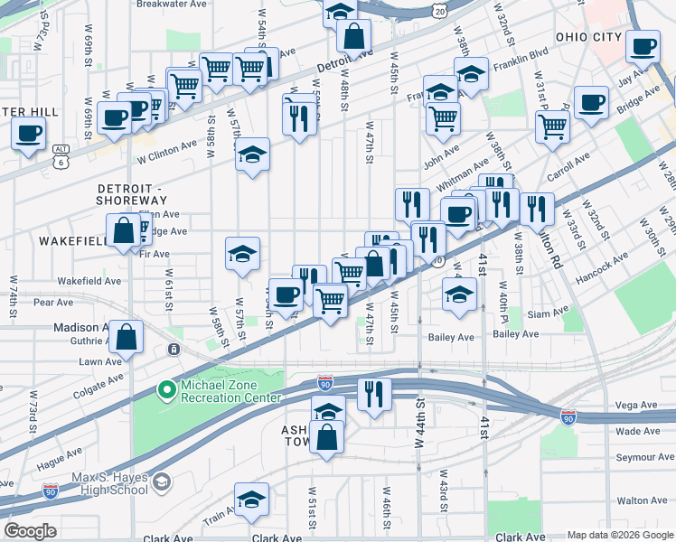 map of restaurants, bars, coffee shops, grocery stores, and more near 1947 West 48th Street in Cleveland