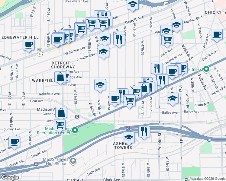map of restaurants, bars, coffee shops, grocery stores, and more near 1905 West 54th Street in Cleveland