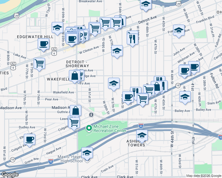 map of restaurants, bars, coffee shops, grocery stores, and more near 1917 West 58th Street in Cleveland