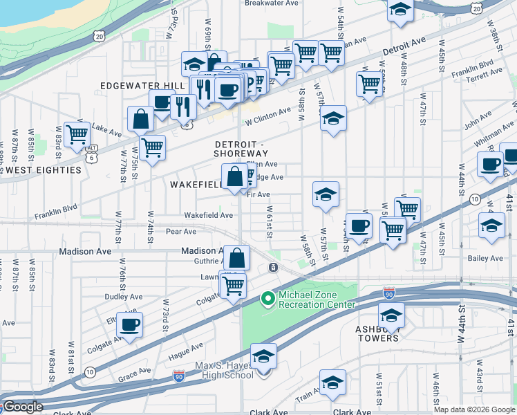map of restaurants, bars, coffee shops, grocery stores, and more near 6205 Fir Avenue in Cleveland