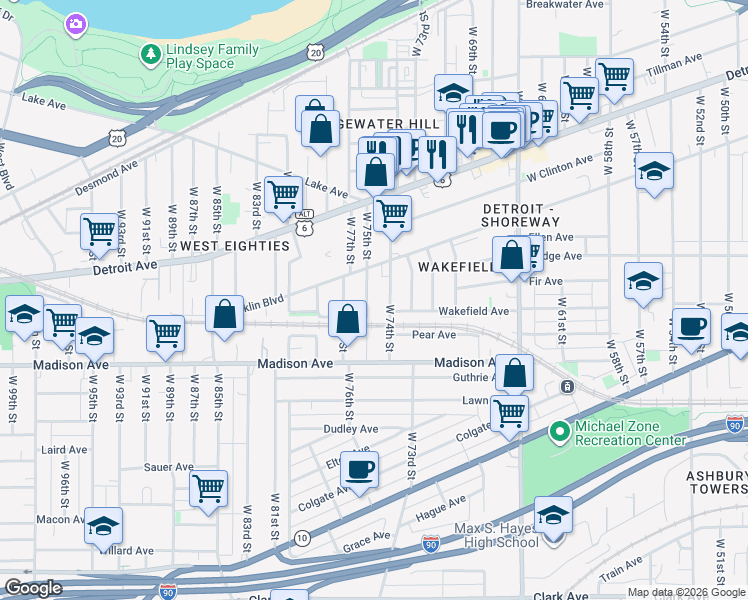 map of restaurants, bars, coffee shops, grocery stores, and more near 1915 West 75th Street in Cleveland