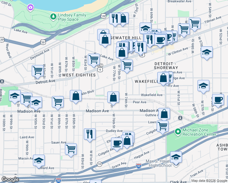 map of restaurants, bars, coffee shops, grocery stores, and more near 1914 West 77th Street in Cleveland