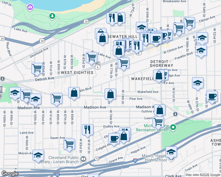 map of restaurants, bars, coffee shops, grocery stores, and more near 1914 West 77th Street in Cleveland