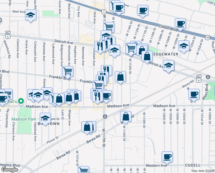 map of restaurants, bars, coffee shops, grocery stores, and more near 11617 Franklin Boulevard in Cleveland