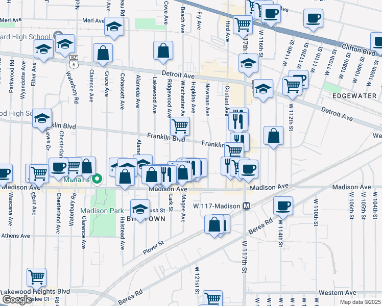 map of restaurants, bars, coffee shops, grocery stores, and more near 1563 Winchester Avenue in Lakewood