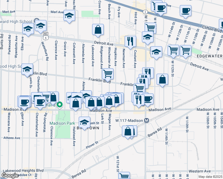 map of restaurants, bars, coffee shops, grocery stores, and more near 1563 Winchester Avenue in Lakewood
