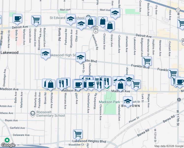 map of restaurants, bars, coffee shops, grocery stores, and more near 1606 Chesterland Avenue in Lakewood