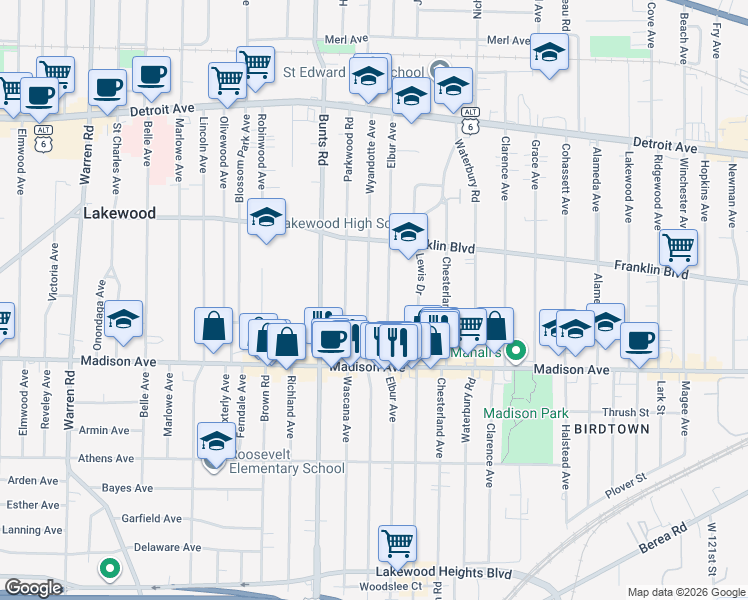 map of restaurants, bars, coffee shops, grocery stores, and more near 1607 Wyandotte Avenue in Lakewood