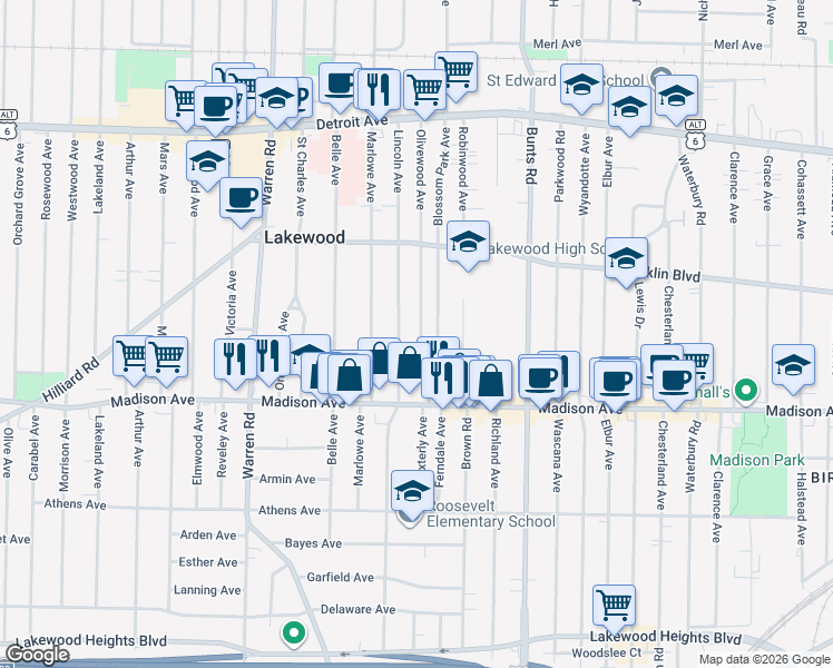 map of restaurants, bars, coffee shops, grocery stores, and more near 1611 Olivewood Avenue in Lakewood