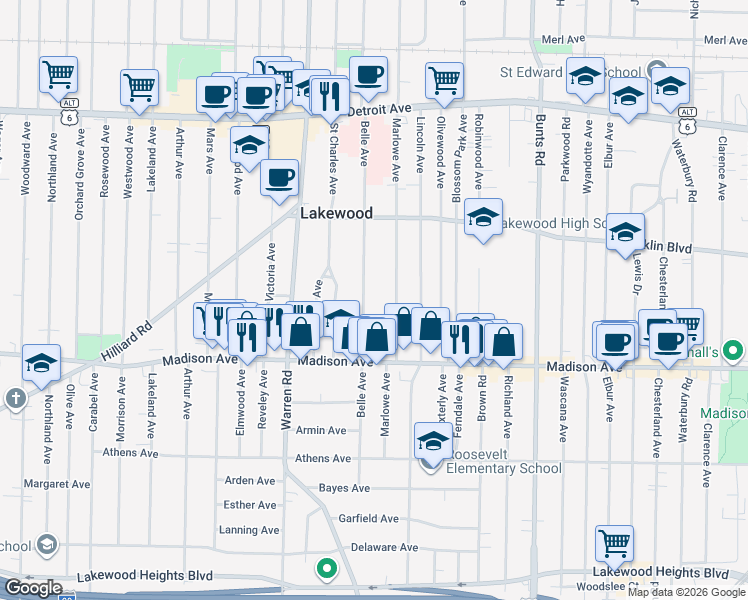 map of restaurants, bars, coffee shops, grocery stores, and more near 1611 Belle Avenue in Lakewood