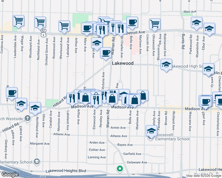 map of restaurants, bars, coffee shops, grocery stores, and more near 1604 Onondaga Avenue in Lakewood