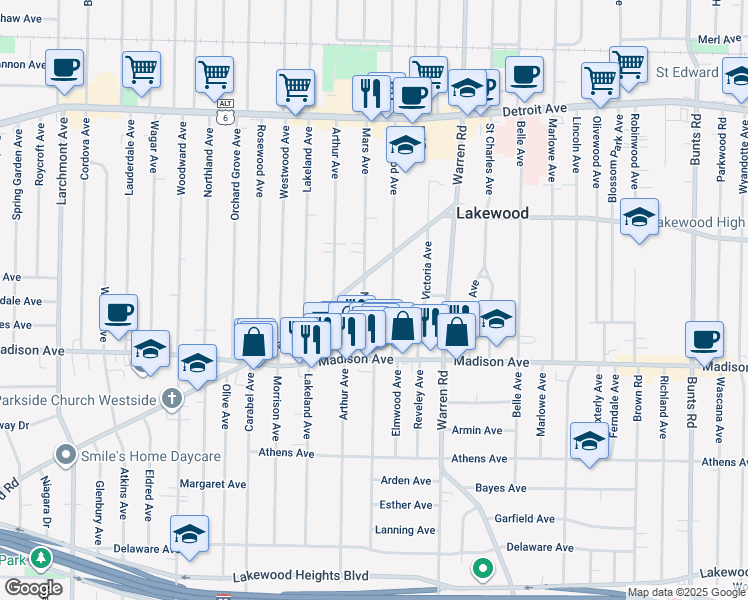 map of restaurants, bars, coffee shops, grocery stores, and more near 1596 Mars Avenue in Lakewood
