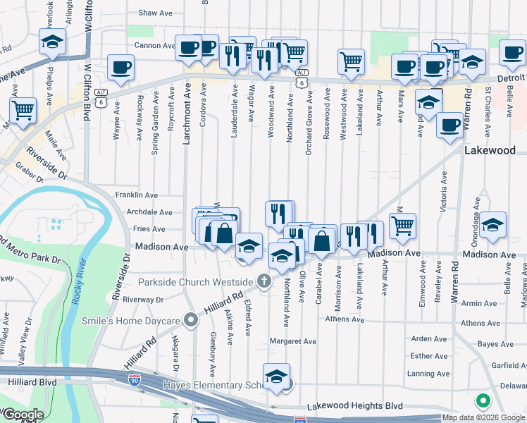 map of restaurants, bars, coffee shops, grocery stores, and more near 1607 Woodward Avenue in Lakewood