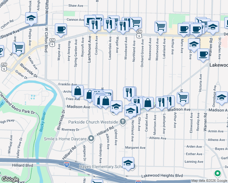 map of restaurants, bars, coffee shops, grocery stores, and more near 1610 Wagar Avenue in Lakewood