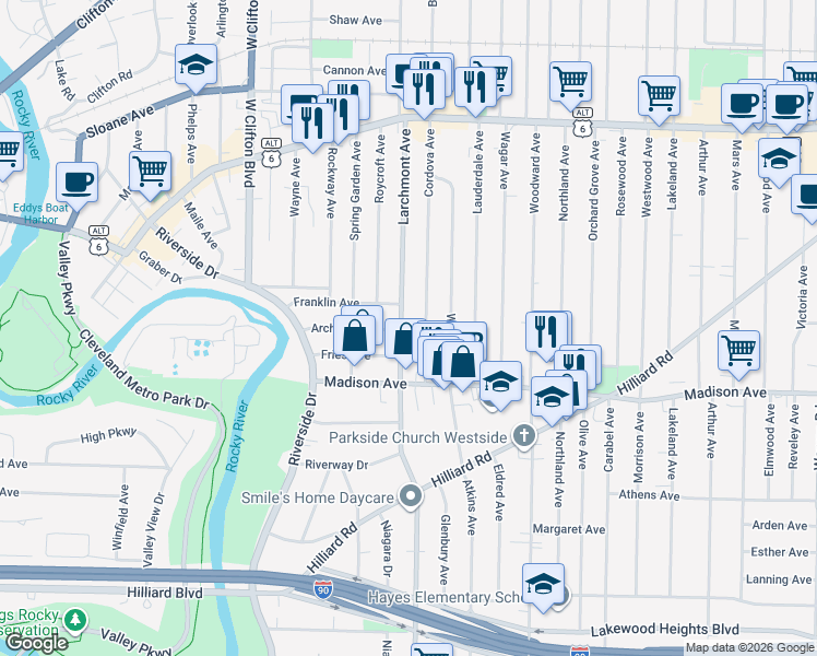 map of restaurants, bars, coffee shops, grocery stores, and more near 1612 Cordova Avenue in Lakewood