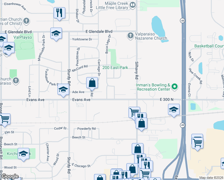map of restaurants, bars, coffee shops, grocery stores, and more near 1206 Bartlett Drive in Valparaiso