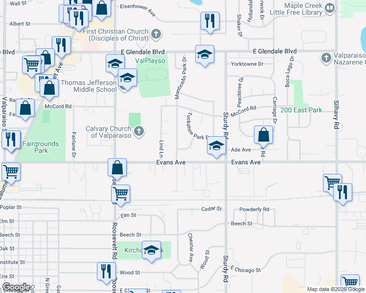 map of restaurants, bars, coffee shops, grocery stores, and more near 1707 Whittier Park Drive in Valparaiso