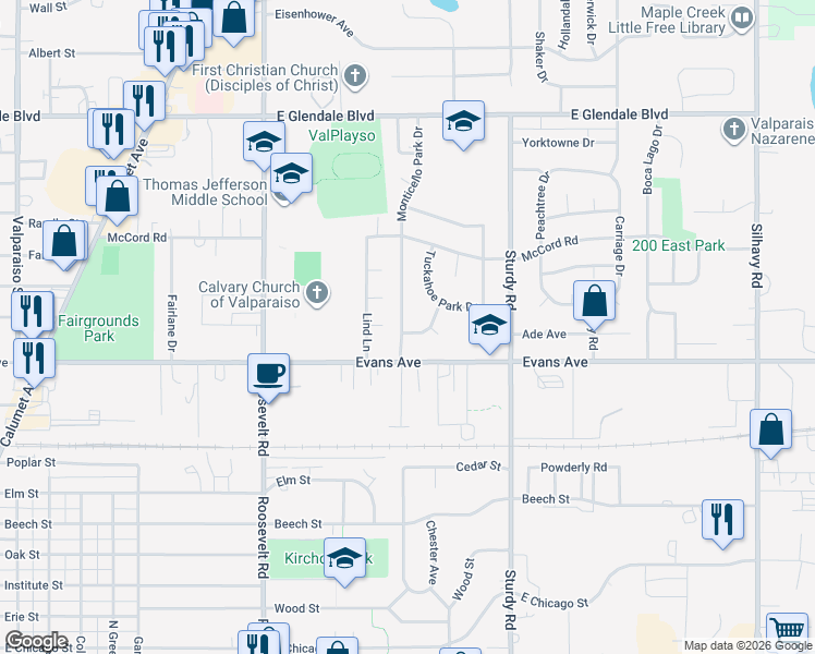 map of restaurants, bars, coffee shops, grocery stores, and more near 1707 Whittier Park Drive in Valparaiso