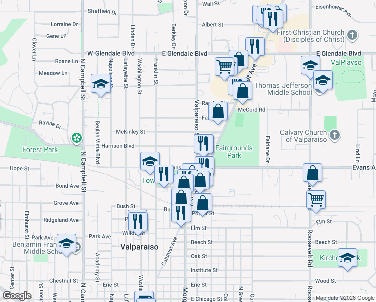 map of restaurants, bars, coffee shops, grocery stores, and more near 301-349 Harrison Blvd in Valparaiso