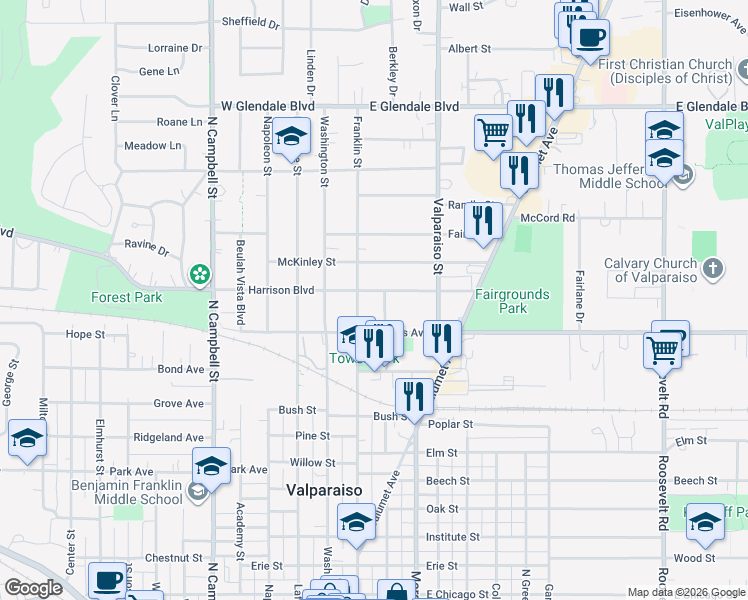 map of restaurants, bars, coffee shops, grocery stores, and more near 201 Harrison Blvd in Valparaiso