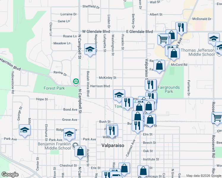 map of restaurants, bars, coffee shops, grocery stores, and more near 53 Harrison Boulevard in Valparaiso