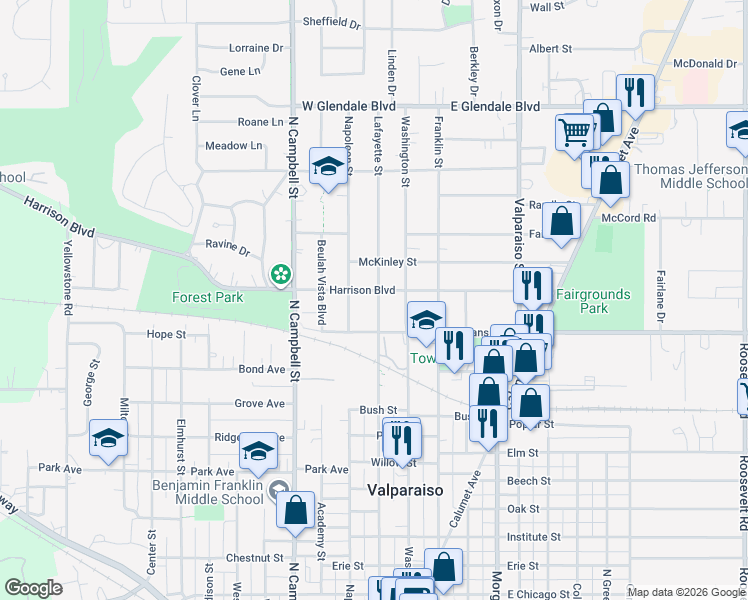 map of restaurants, bars, coffee shops, grocery stores, and more near 154 Harrison Blvd in Valparaiso