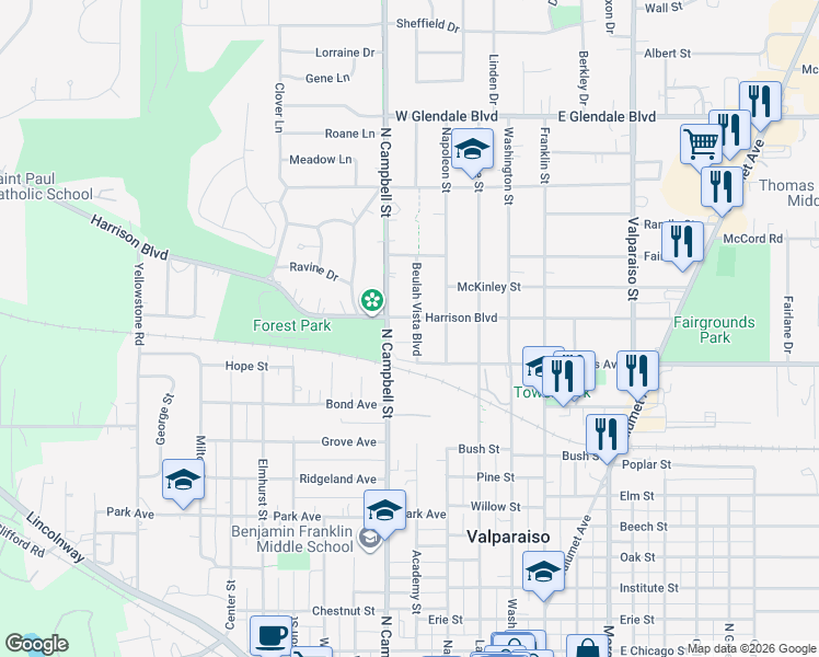 map of restaurants, bars, coffee shops, grocery stores, and more near 250-298 Harrison Blvd in Valparaiso
