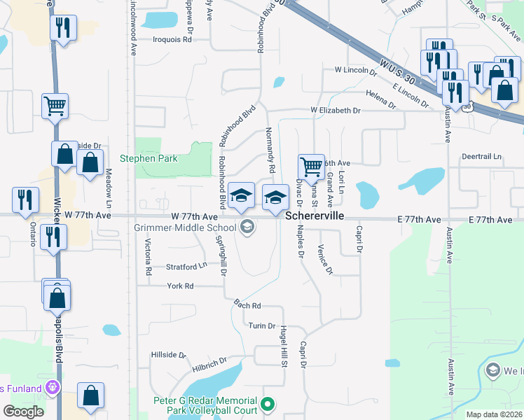 map of restaurants, bars, coffee shops, grocery stores, and more near 308 King Henry Dr in Schererville