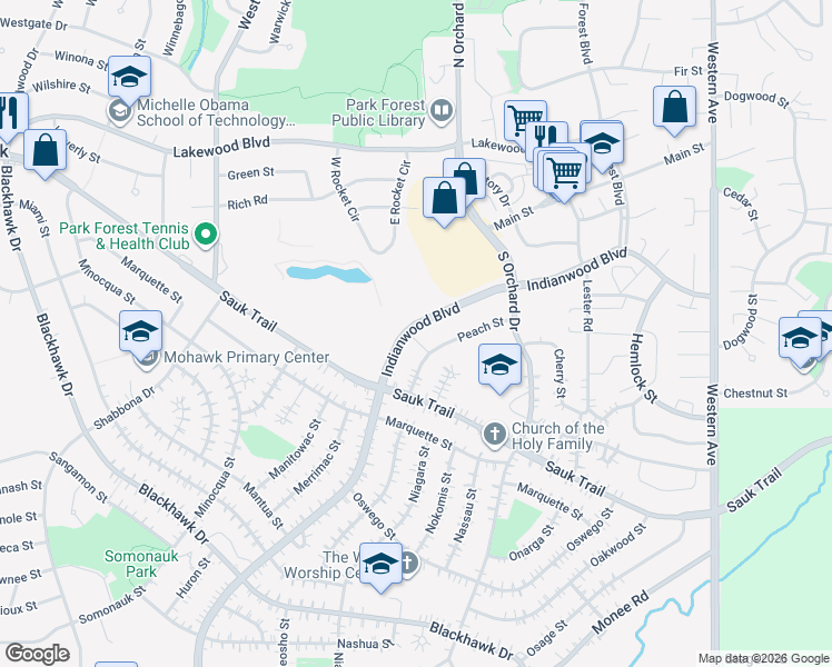 map of restaurants, bars, coffee shops, grocery stores, and more near 231 Indianwood Boulevard in Park Forest