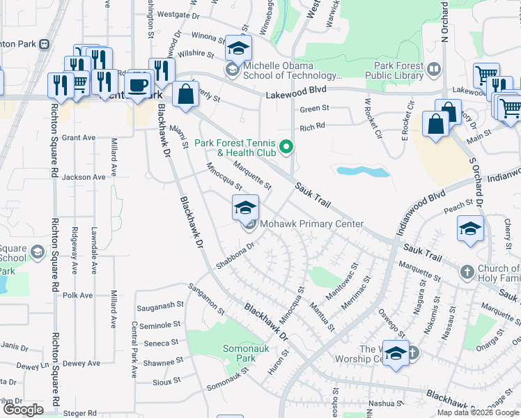 map of restaurants, bars, coffee shops, grocery stores, and more near 313 Minocqua Street in Park Forest