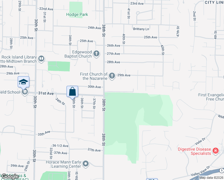 map of restaurants, bars, coffee shops, grocery stores, and more near 3925 31st Avenue in Rock Island