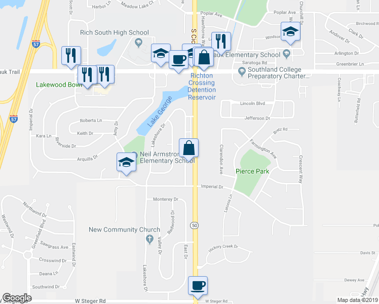 map of restaurants, bars, coffee shops, grocery stores, and more near 22549 Pleasant Drive in Richton Park