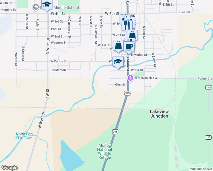 map of restaurants, bars, coffee shops, grocery stores, and more near 231A/B Glen Street in Alturas