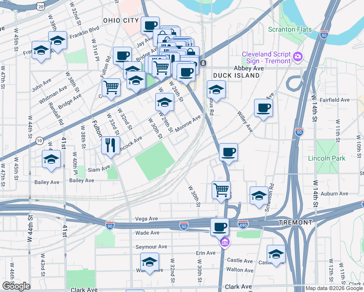 map of restaurants, bars, coffee shops, grocery stores, and more near 2828 York Avenue in Cleveland