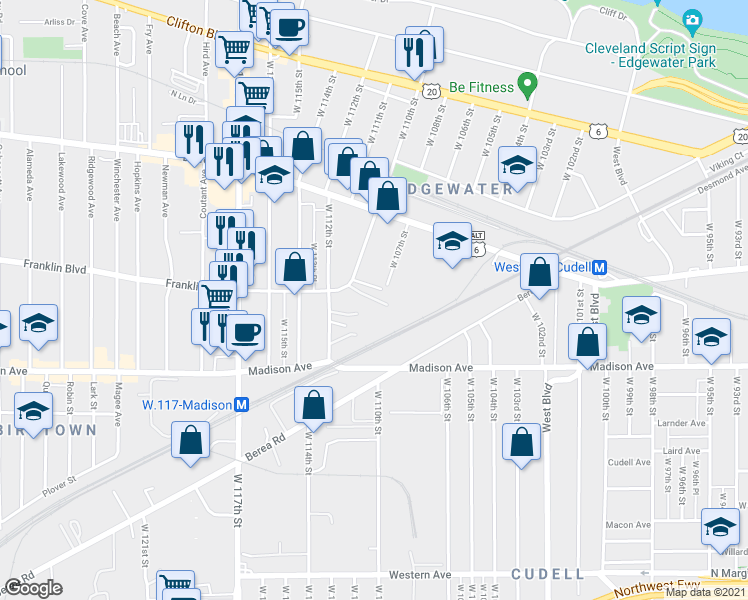 map of restaurants, bars, coffee shops, grocery stores, and more near 10919 Franklin Boulevard in Cleveland