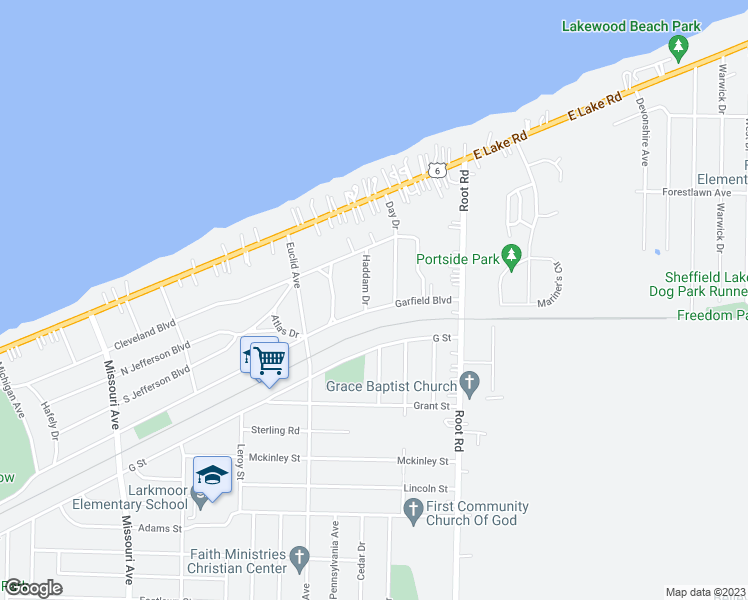 map of restaurants, bars, coffee shops, grocery stores, and more near 407 Haddam Drive in Lorain