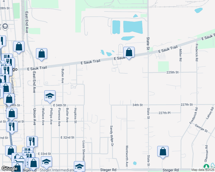map of restaurants, bars, coffee shops, grocery stores, and more near 3344 Bramanti Trail in Steger