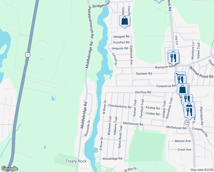 map of restaurants, bars, coffee shops, grocery stores, and more near 147 Conanicus Road in Narragansett