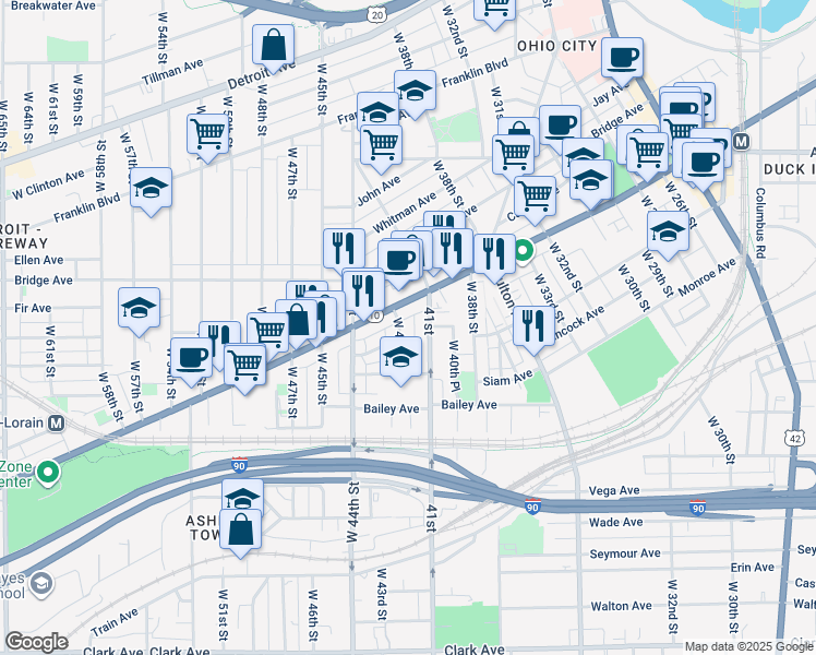 map of restaurants, bars, coffee shops, grocery stores, and more near 2043 West 42nd Street in Cleveland