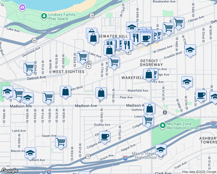 map of restaurants, bars, coffee shops, grocery stores, and more near 1915 West 75th Street in Cleveland