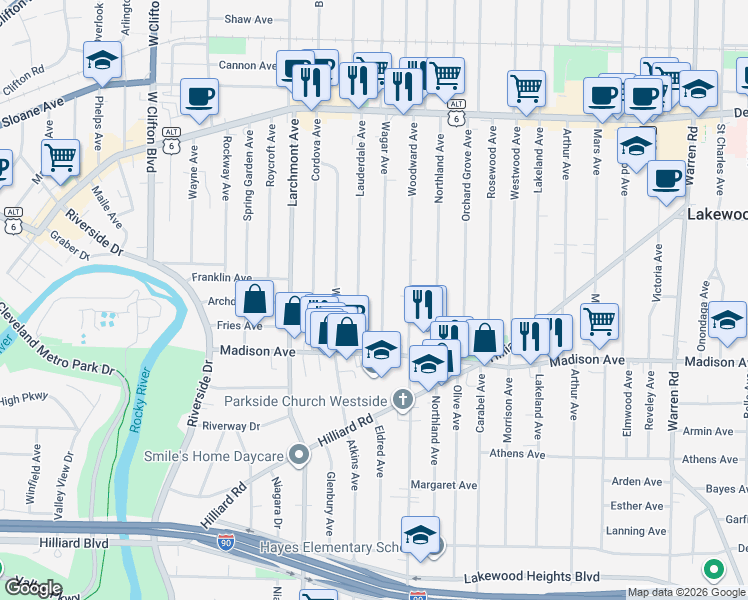 map of restaurants, bars, coffee shops, grocery stores, and more near 1610 Wagar Avenue in Lakewood